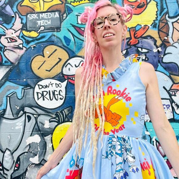 New York Couture *One of a Kind* VINTAGE Digimon Print Ruffle Dress - Picture 6 of 7